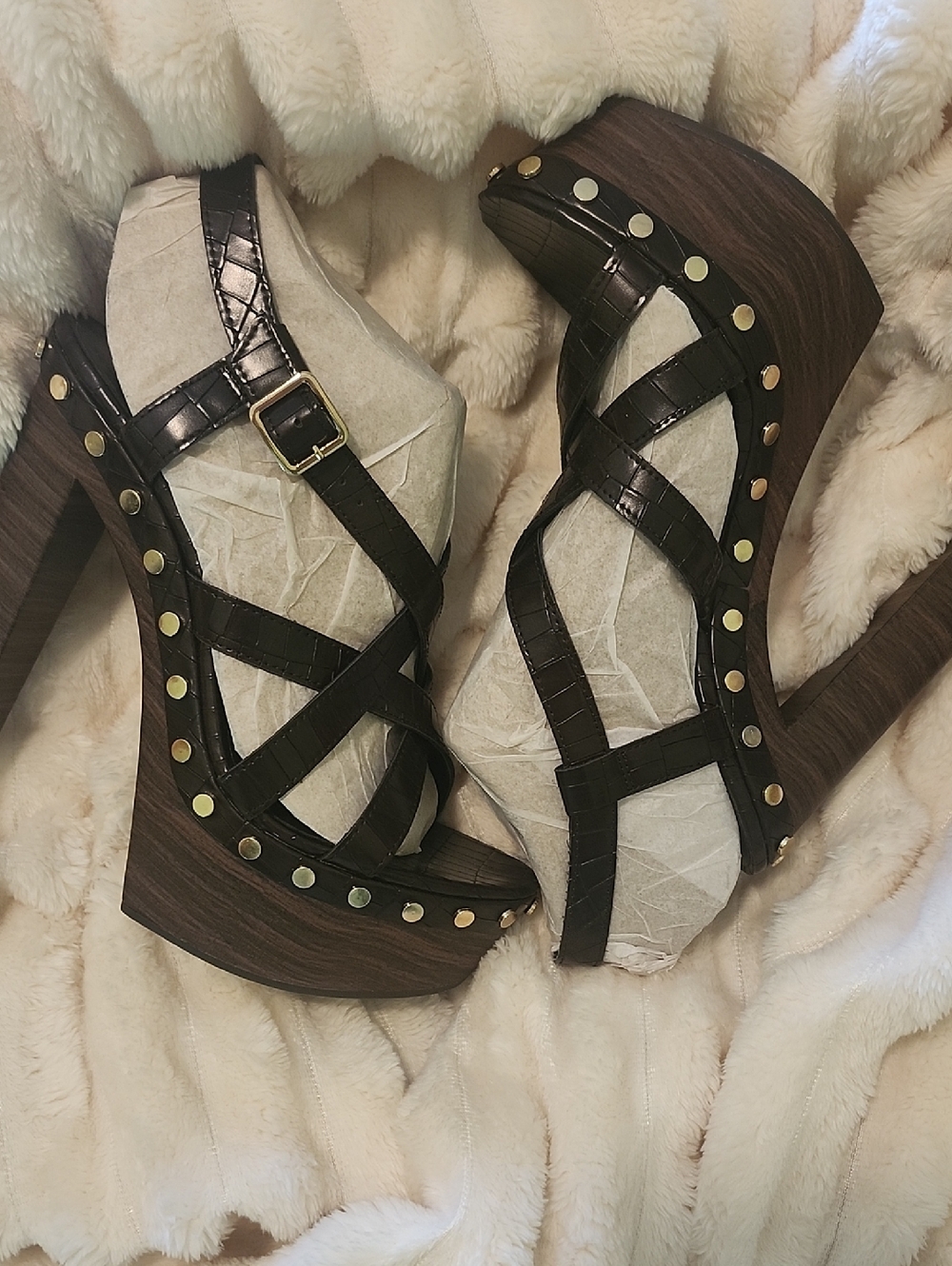 Women’s Brand New Brown Studded Strappy Wedge Sandals